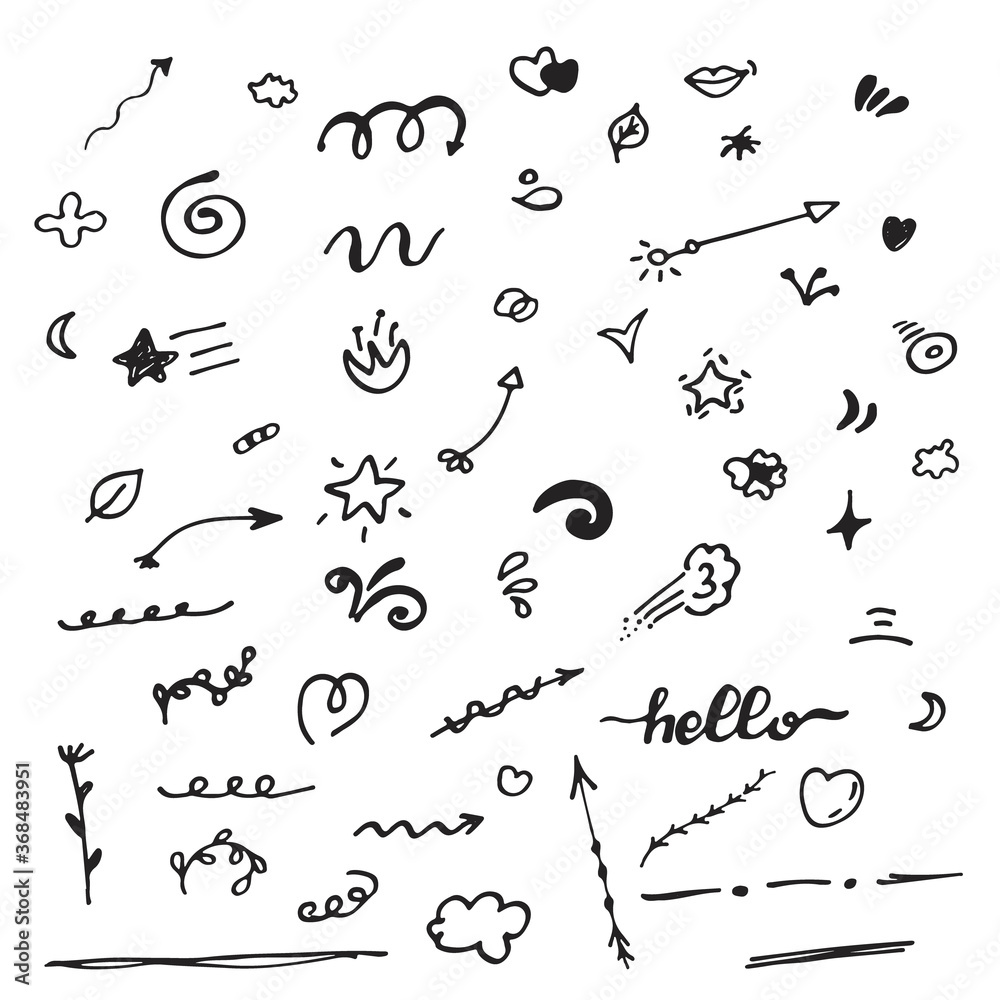 Obraz premium Hand drawn design decorative elements, flowers, arrows, stars and calligraphy elements. vector collection.