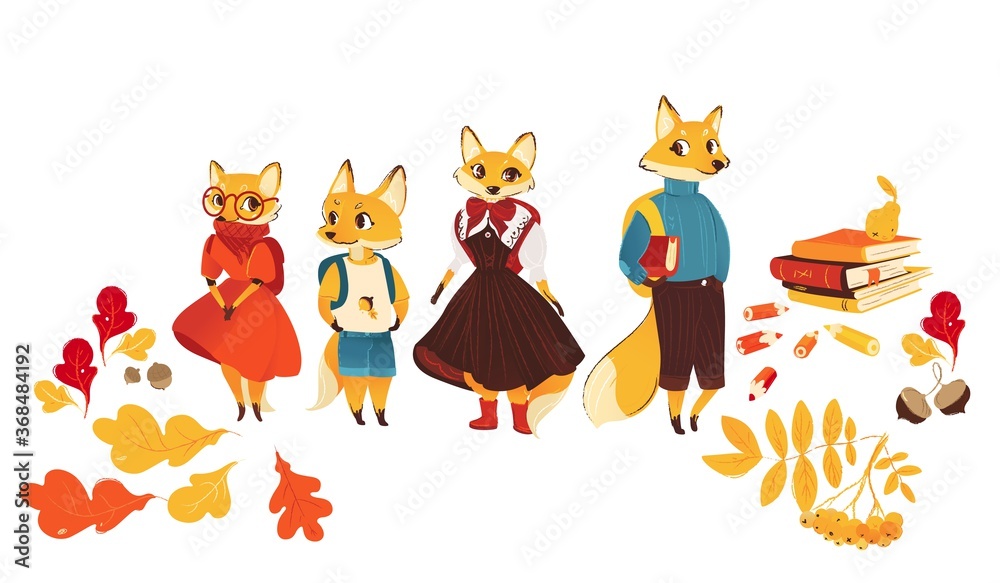 девочка лисичкаHand drawn cartoon fox family set in stylish human clothes