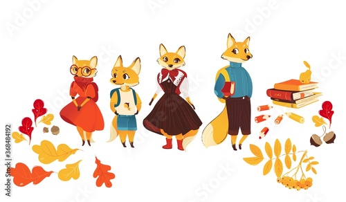                              Hand drawn cartoon fox family set in stylish human clothes