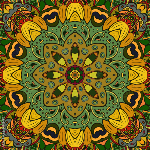 Seamless tracery tile mehndi design. Ethnic ornament, colorful doodle symmetry texture. Folk traditional spiritual tribal design. Curved doodling motif. Color art. Vector