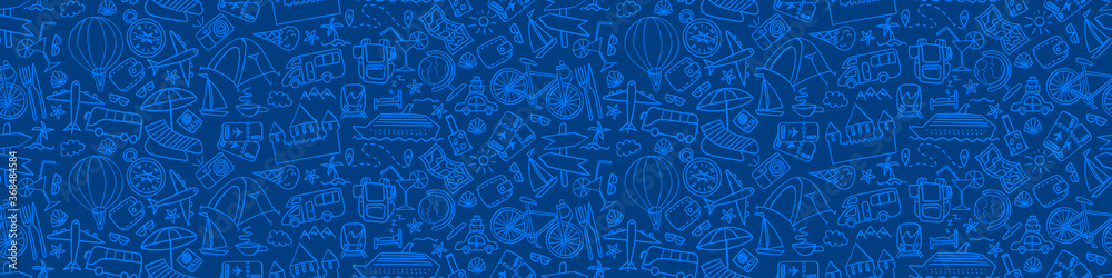 Hand drawn travel seamless horizontal border. Summer vacation doodles on dark blue background. Vector illustration.