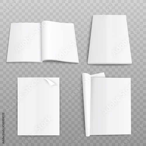 Realistic paper magazine mockup with open and closed blank pages