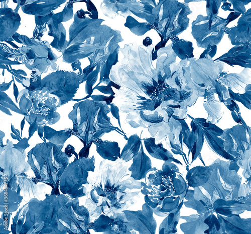 Wallpaper Mural Seamless Pattern Watercolor Artwork Flowers Peony and Irises Cobalt Blue, Floral Textile Design, Plants and Leaves Texture Background Torontodigital.ca