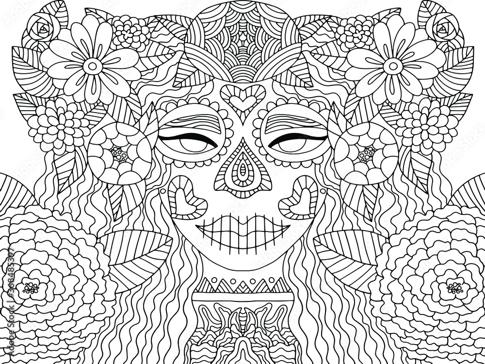Day of the dead floral female coloring page for kids and adults. Scary ...