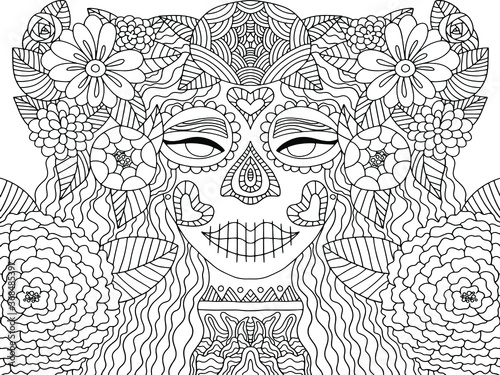 Day of the dead floral female coloring page for kids and adults. Scary make up girl with blossom daisy, peony, rose flowers and leaves black outline white isolated stock vector illustration. 