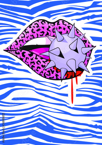 exciting image of pink animal print lips biting a spiked sphere and bleeding on zebra background	