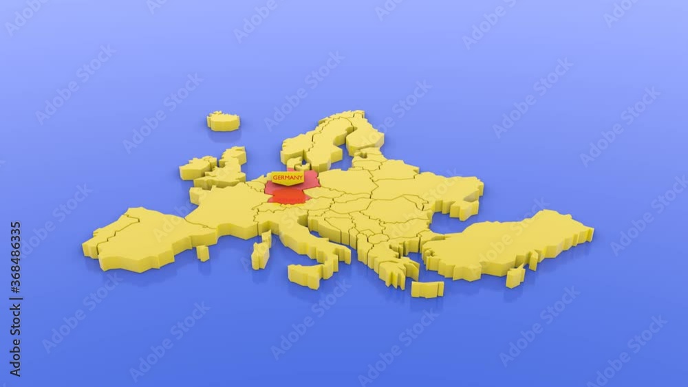 A 3D rendered map of Europe in yellow, focused on Germany in red with a map sticker. 3D rendered illustration.