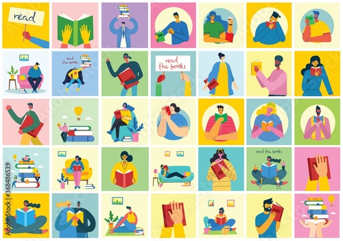 Vector concept illustrations of World Book Day, Reading the books and Book festival in the flat style. People sit, stand and walk and read a book