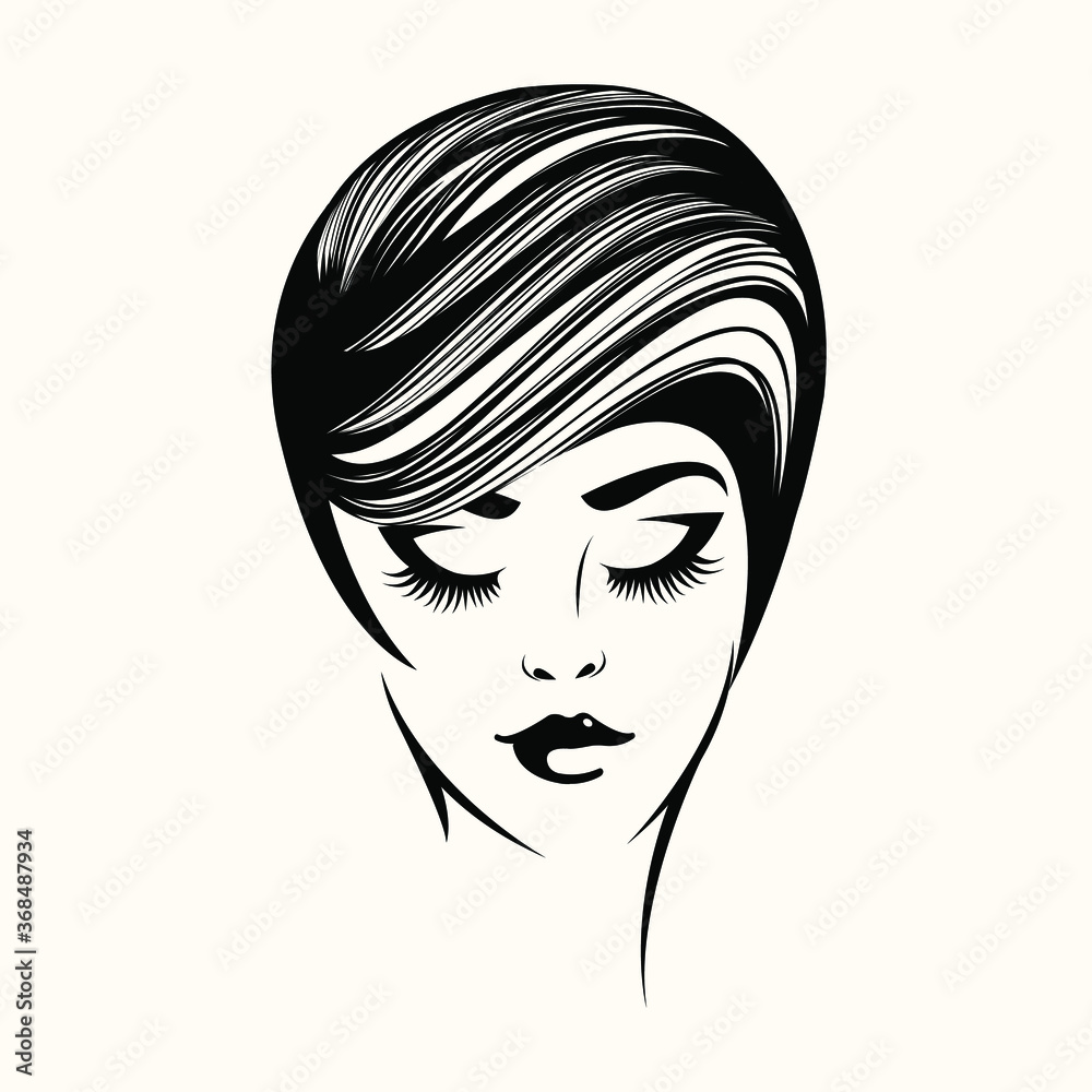 Woman with retro hairstyle and elegant makeup.Hair salon and beauty studio illustration.Cosmetics and spa logo.Young lady portrait.Pretty girl face.Short haircut.Front view.