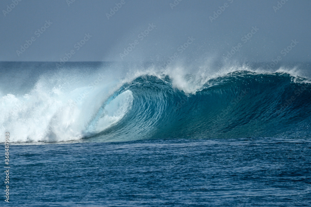 Perfect blue aquamarine wave, empty line up, perfect for surfing, clean water, Indian Ocean.