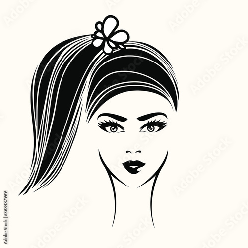 Woman with ponytail hairstyle and elegant makeup.Hair salon and beauty studio illustration.Cosmetics and spa logo.Young lady portrait.Pretty girl face.Flower accessory.Front view.