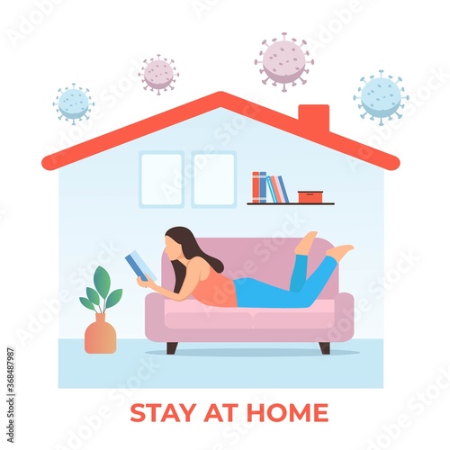Woman character reading a book on sofa. Stay at home during corona virus pandemic.