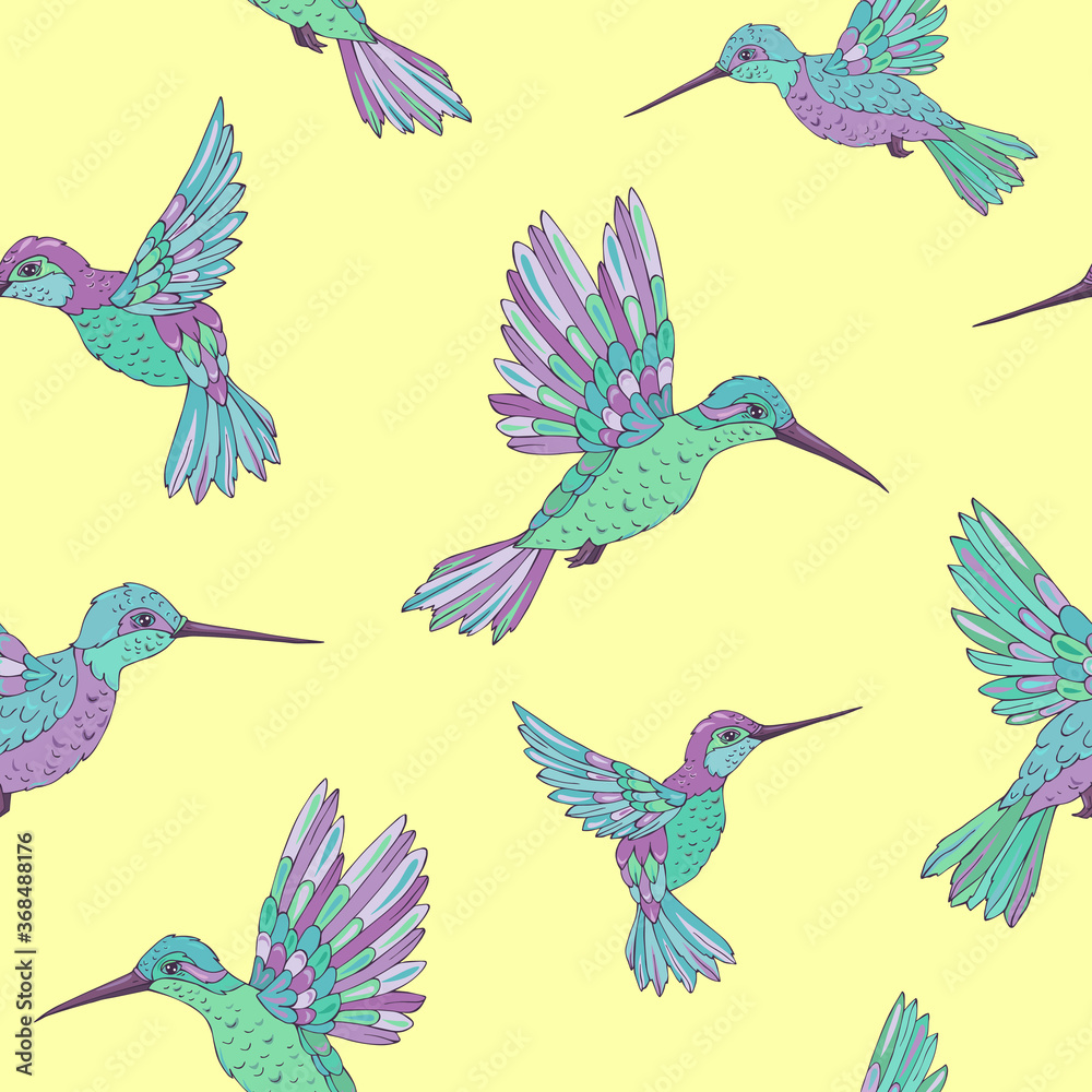 Obraz premium Vector seamless pattern with hummingbird. Decoration print for wrapping, wallpaper, fabric. Seamless vector texture. 