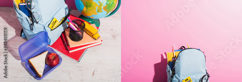 Fototapeta Naklejka Na Ścianę i Meble -  collage of school backpack on desk near globe, lunch box, school bus model, pen holder and books on pink, panoramic shot
