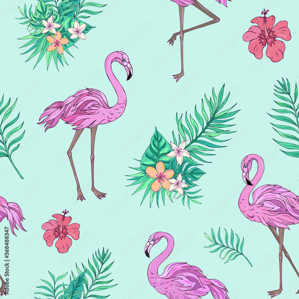 Obraz premium Vector trendy seamless pattern with flamingo, palm leaves, hibiscus and plumeria. Summer decoration print for wrapping, wallpaper, fabric. Seamless vector texture.
