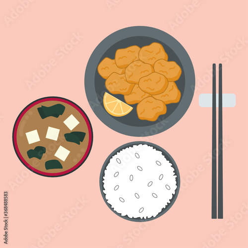 Karaage set, Japanese fried chicken with rice and miso soup