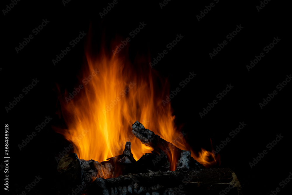 Flames in different forms of a bonfire made with orange tree trunks in long exposure with a black background Flames in different forms of a bonfire made with orange tree trunks in long exposure with a black background