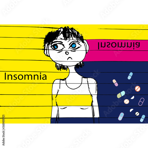 Insomnia. Sleep disorder. Sleepy girl, pills. Night. Drawing, cartoon