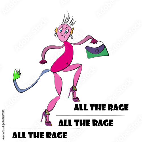 Squeak of fashion. Cartoon character in high heel shoes and a fashionable handbag. Caricature