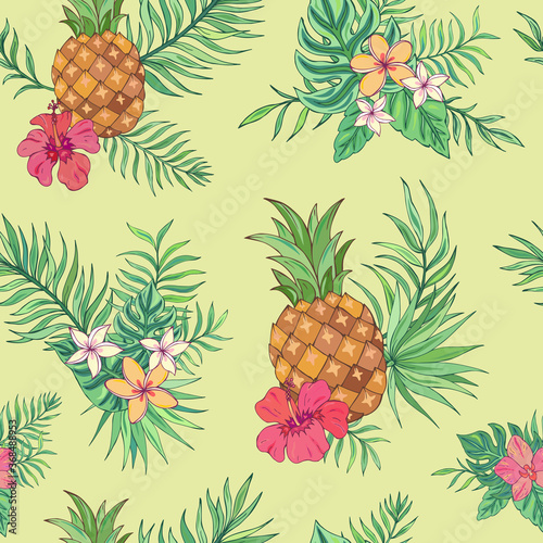 Vector trendy seamless pattern with pineapple, palm leaves, hibiscus and plumeria. Summer decoration print for wrapping, wallpaper, fabric. Seamless vector texture. 