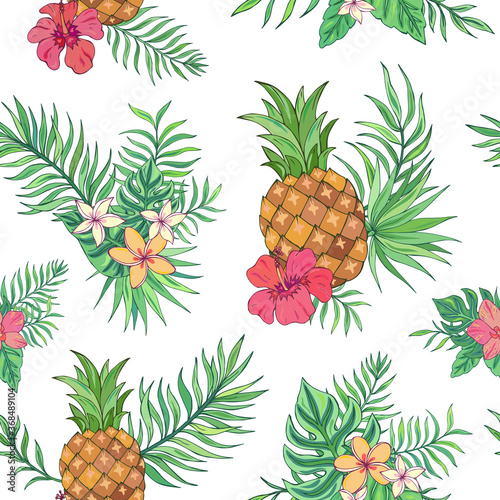 Fototapeta Naklejka Na Ścianę i Meble -  Vector trendy seamless pattern with pineapple, palm leaves, hibiscus and plumeria. Summer decoration print for wrapping, wallpaper, fabric. Seamless vector texture.