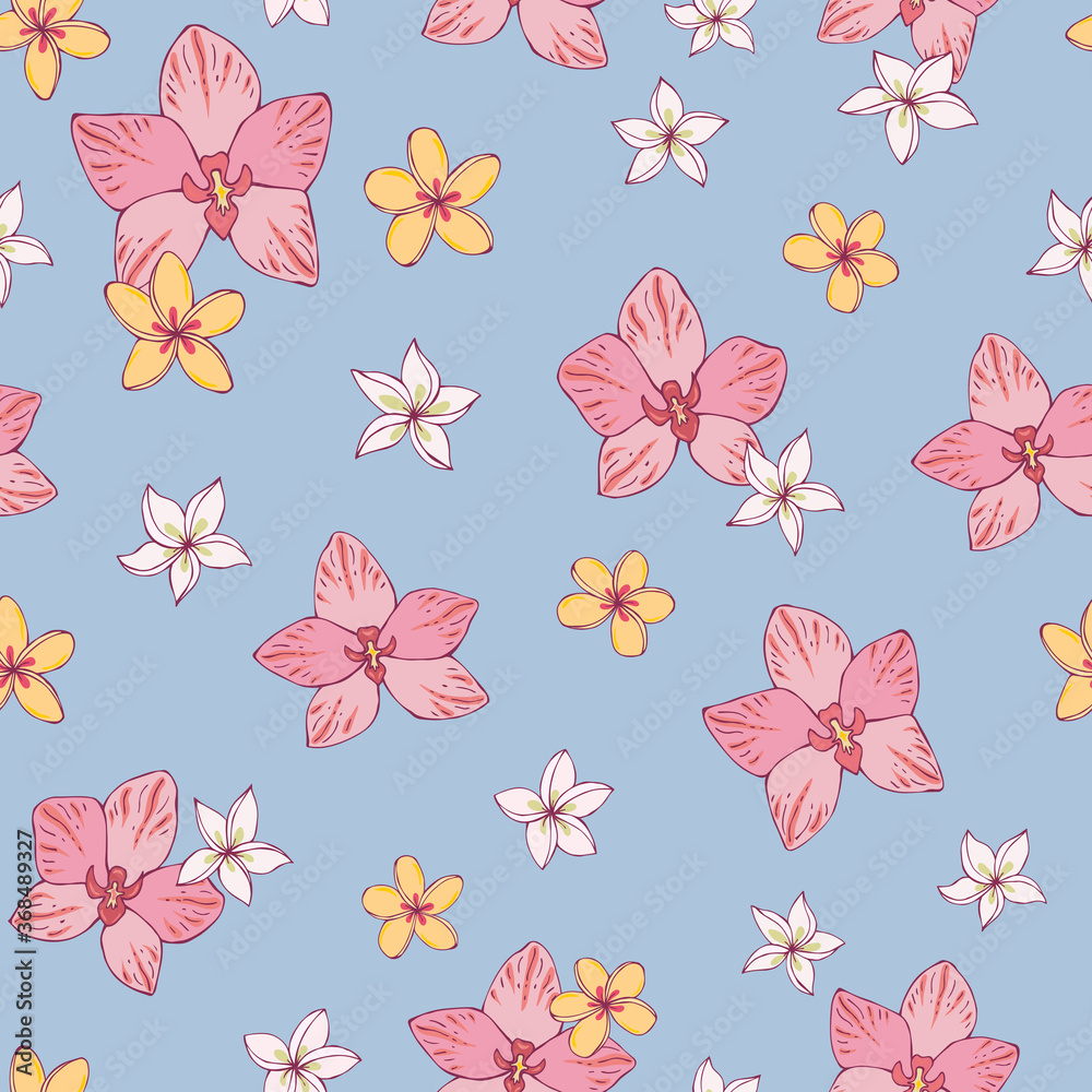 Tropic vector seamless pattern with  orchid and plumeria. Summer decoration print for wrapping, wallpaper, fabric. Seamless vector texture.