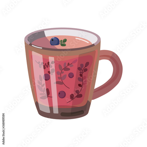 Vector illustration of a cup of tea with herbs in cartoon style. Leaves of forest herbs and berries are brewed with milk in a transparent mug.