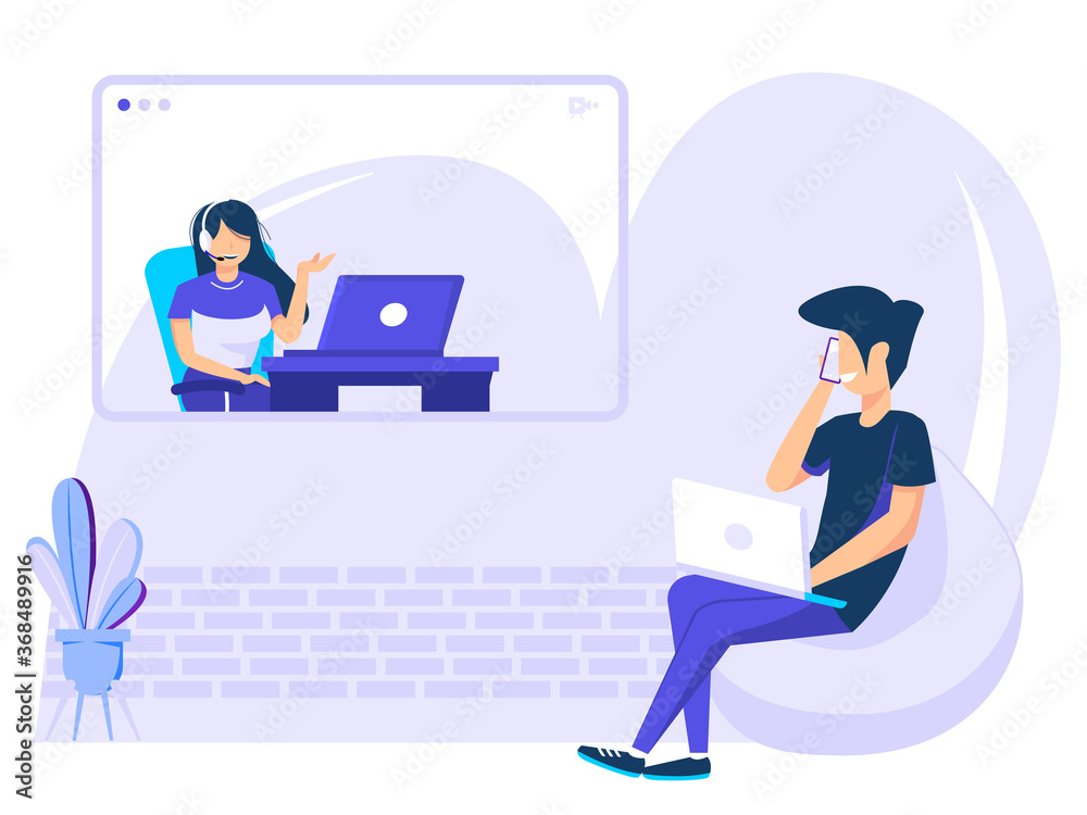 Man freelance worker who is talking with friend using mobile and a big screen. online education, distance workers. remote workers. Man freelance worker who is talking with friend using mobile and a big screen. online education, distance workers. remote workers.