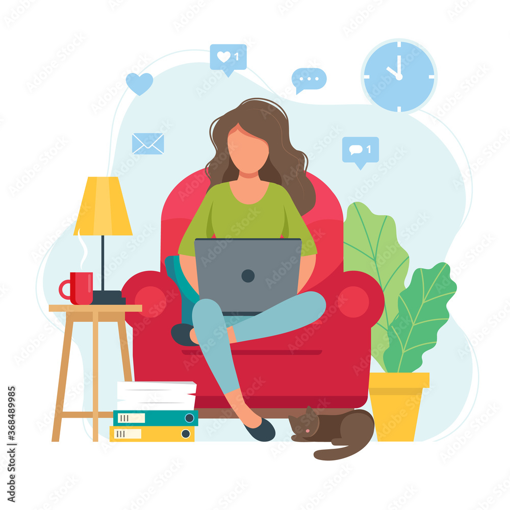 Home office concept, woman working from home sitting on a chair, student or freelancer. Cute illustration in flat style
