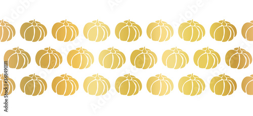 Golden pumpkins seamless vector border. Repeating faux metallic gold foil pattern design for Harvest festival or Thanksgiving day. Elegant autumn border