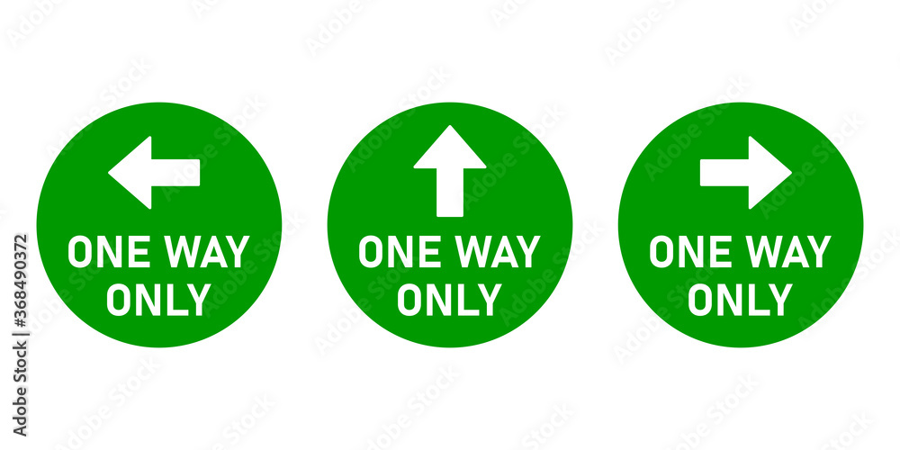 Set of One Way Only Round Floor Marking Sticker or Adhesive Icon with Direction Arrow and Text. Vector Image. Set of One Way Only Round Floor Marking Sticker or Adhesive Icon with Direction Arrow and Text. Vector Image.
