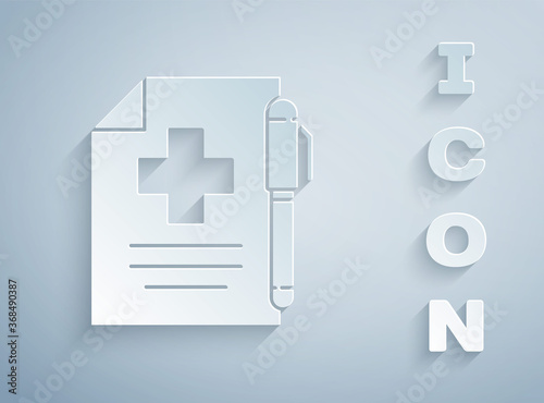 Paper cut Medical prescription and pen icon isolated on grey background. Rx form. Recipe medical. Pharmacy or medicine symbol. Paper art style. Vector Illustration.