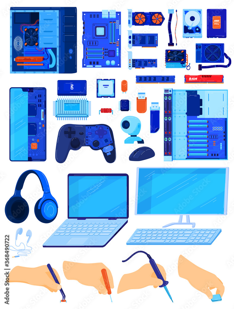 Computer components, database hardware vector illustration set. Cartoon flat electronic pc part hardware collection of hard data disk drive, motherboard cpu processor monitor laptop isolated on white Stock Vector | Adobe Stock Computer components, database hardware vector illustration set. Cartoon flat electronic pc part hardware collection of hard data disk drive, motherboard cpu processor monitor laptop isolated on white Stock Vector | Adobe Stock