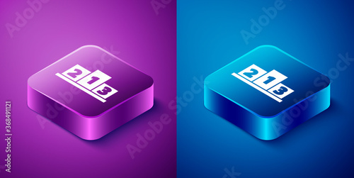 Isometric Award over sports winner podium icon isolated on blue and purple background. Square button. Vector Illustration.