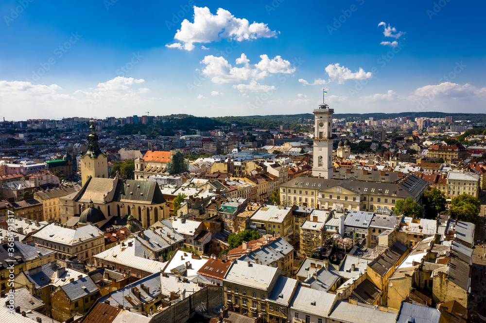 Historic center of Lviv Ukraine on a sunny day aerial view. Historic center of Lviv Ukraine on a sunny day aerial view.