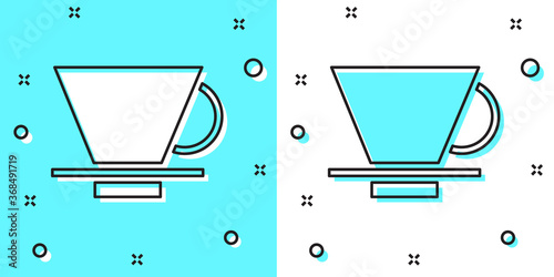 Black line V60 coffee maker icon isolated on green and white background. Random dynamic shapes. Vector Illustration.