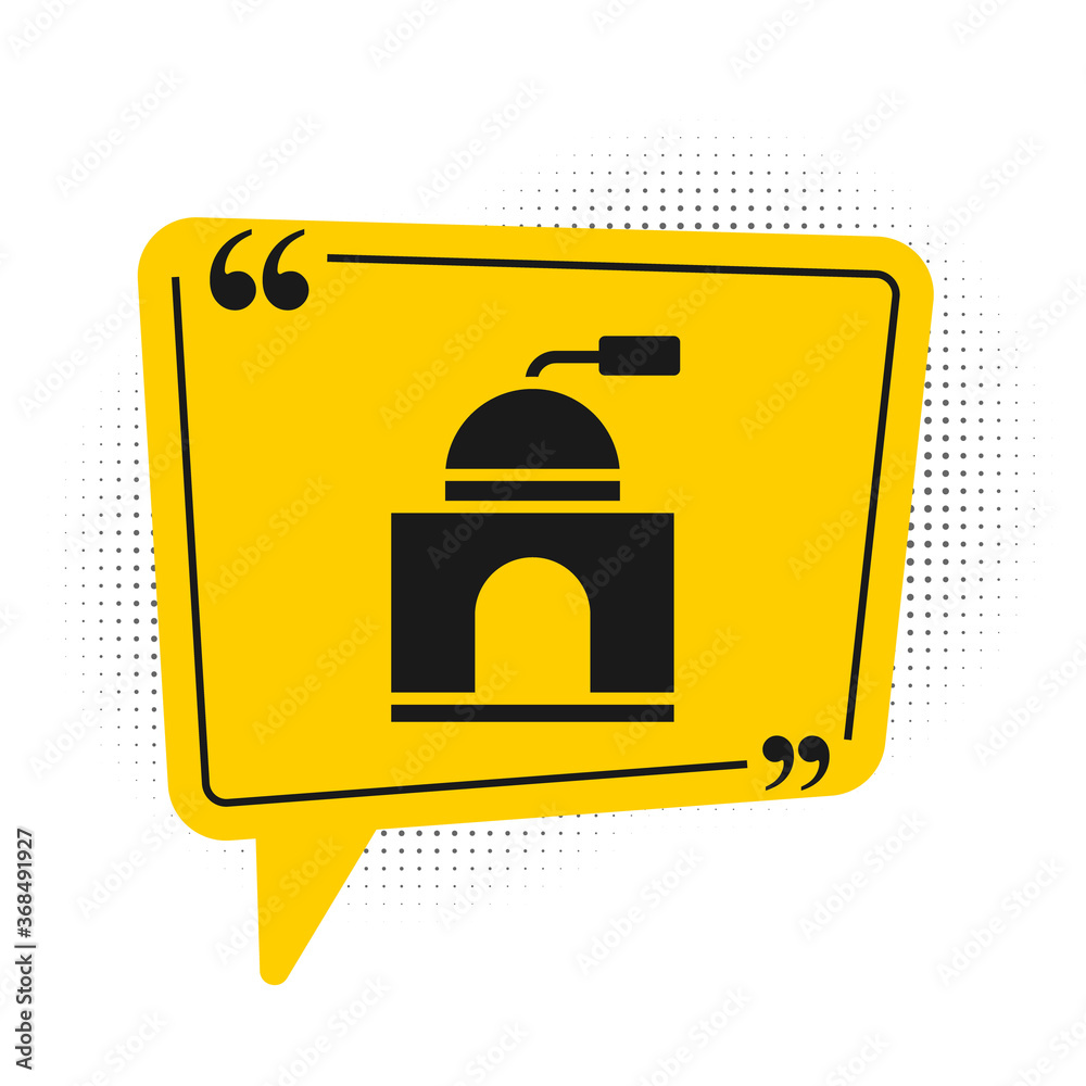Black Manual coffee grinder icon isolated on white background. Yellow speech bubble symbol. Vector Illustration.