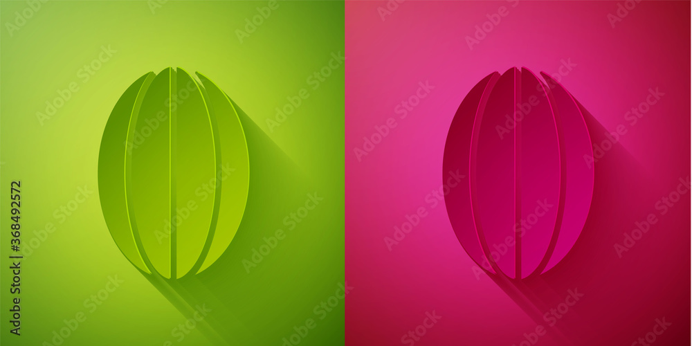 Paper cut Rugby ball icon isolated on green and pink background. Paper art style. Vector Illustration.