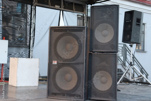 music stage with loudspeakers and concert stuff