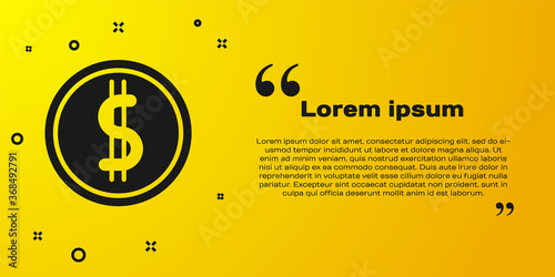 Black Coin money with dollar symbol icon isolated on yellow background. Banking currency sign. Cash symbol. Vector Illustration.