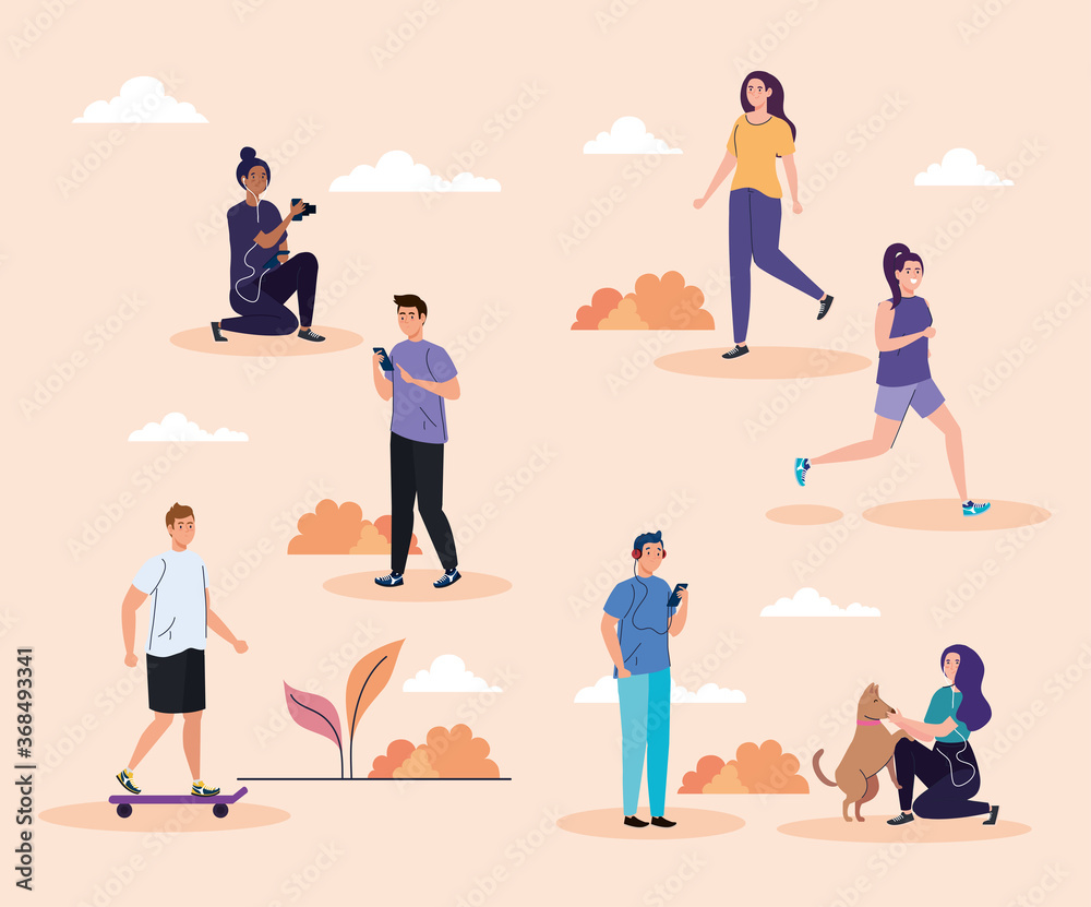 Naklejka premium set scenes, young people performing leisure outdoor activities