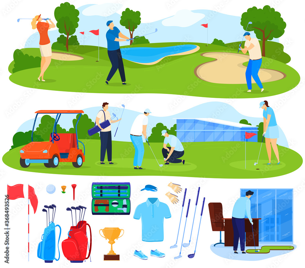Naklejka premium Playing golf vector illustration set. Cartoon flat active players people play game on grass, golfer character hitting ball with club, healthy sport leisure activity, golf equipment isolated on white