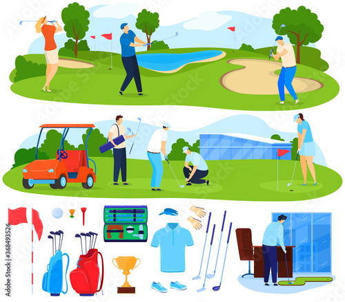 Playing golf vector illustration set. Cartoon flat active players people play game on grass, golfer character hitting ball with club, healthy sport leisure activity, golf equipment isolated on white