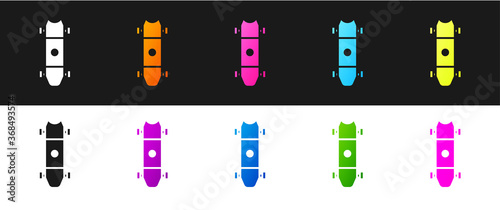 Set Longboard or skateboard cruiser icon isolated on black and white background. Extreme sport. Sport equipment. Vector Illustration.