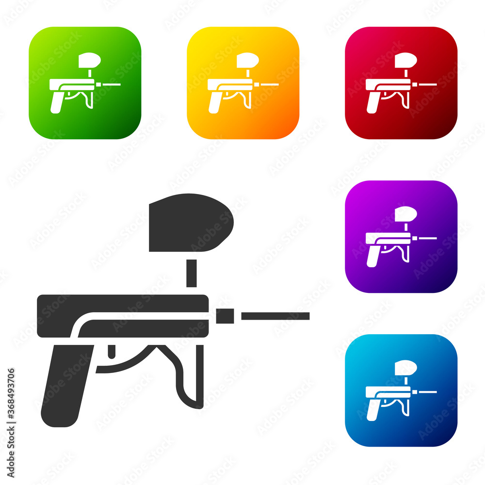 Black Paintball gun icon isolated on white background. Set icons in color square buttons. Vector Illustration. Black Paintball gun icon isolated on white background. Set icons in color square buttons. Vector Illustration.