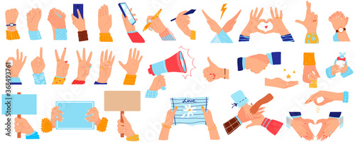 Casual hand gesture, arm hold handshake vector illustration set. Cartoon flat handshaking or grip handclasp, people holding support arms, finger signals body communication collection isolated on white