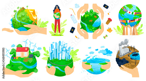 Planet in people hands vector illustration set. Cartoon flat human arm hands hold green globe, save earth planet ecology for better quality tomorrow life in future, eco hope concepts isolated on white