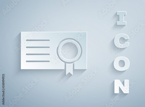 Paper cut Certificate template icon isolated on grey background. Achievement, award, degree, grant, diploma concepts. Paper art style. Vector Illustration.