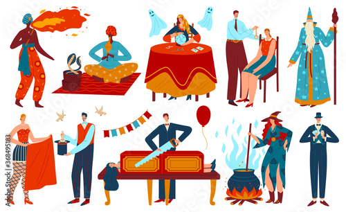 Magician wizard people vector illustration set. Cartoon flat magic characters collection of old mage, witch cooking magical witchcraft flask potion, juggling circus artist, hypnotist isolated on white