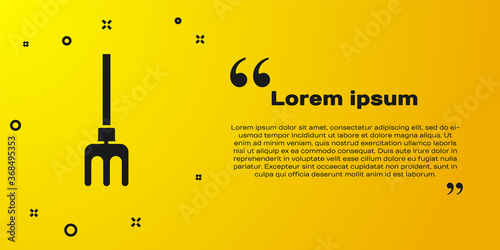 Black Garden rake icon isolated on yellow background. Tool for horticulture, agriculture, farming. Ground cultivator. Vector Illustration.